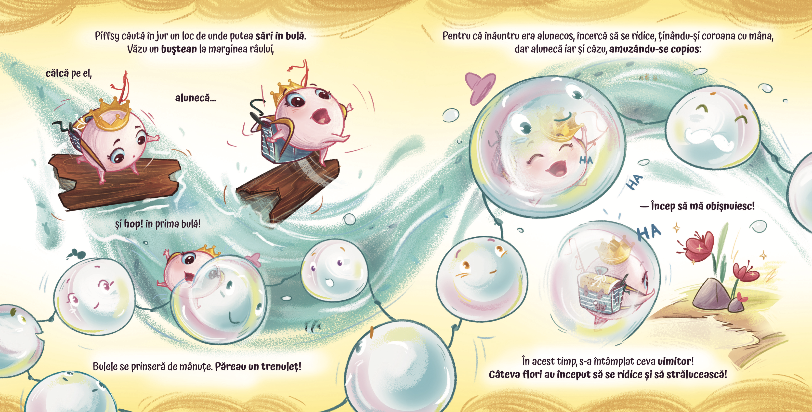 Ilustrație finală color cu Piffsy pe buștean, într-o scenă de echilibru emoțional