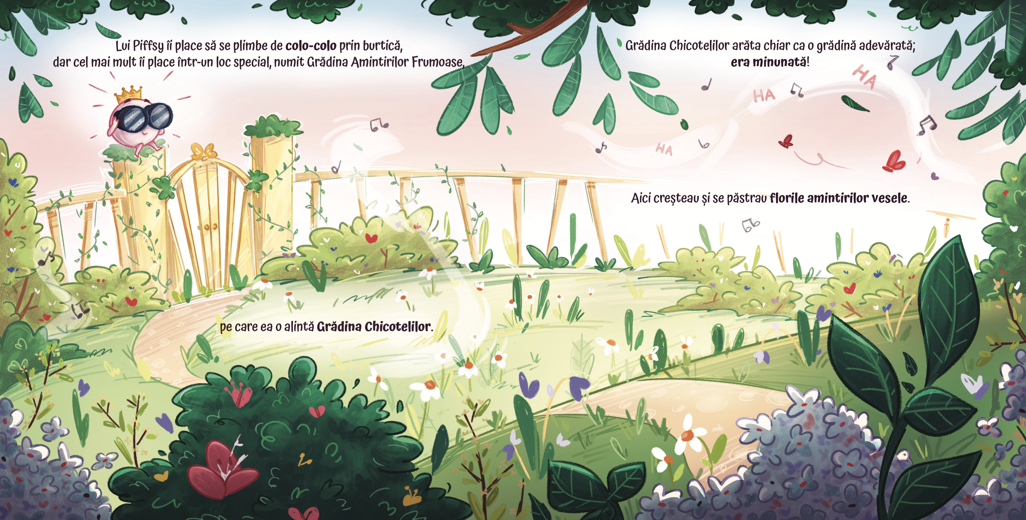 Ilustrație finală color pentru scena grădinii din Piffsy și Grădina Chicotelilor