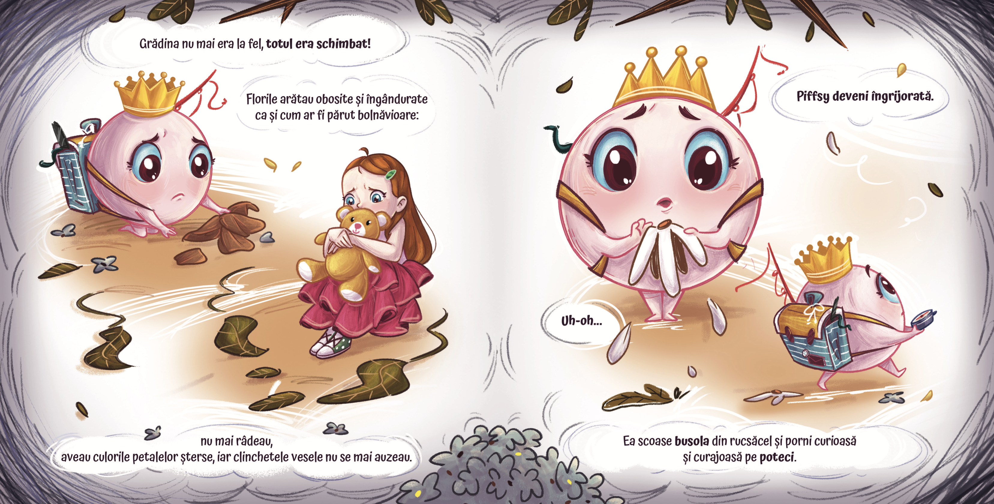 Ilustrație finală color cu Piffsy îngrijorată în Grădina Chicotelilor